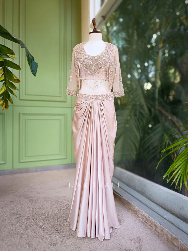 Image of Vireza Ivory Crop Top Skirt Set with Bead and Sequin Work