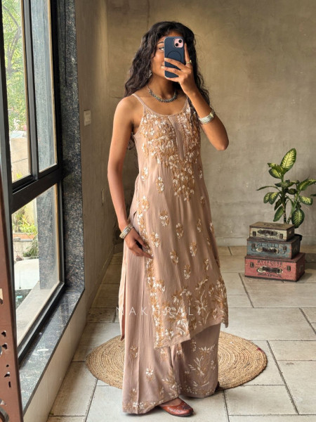 Solira Coral  Brown Rayon Kurta Pant Set with Chikankari Work