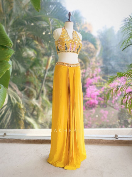 Willow Yellow Halter Indo-Western Set with Cape Shrug