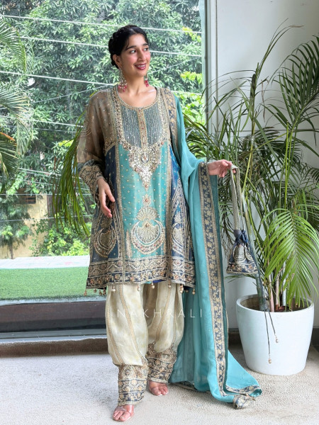 Falak Tissue Silk Heritage Sea Green Suit Set