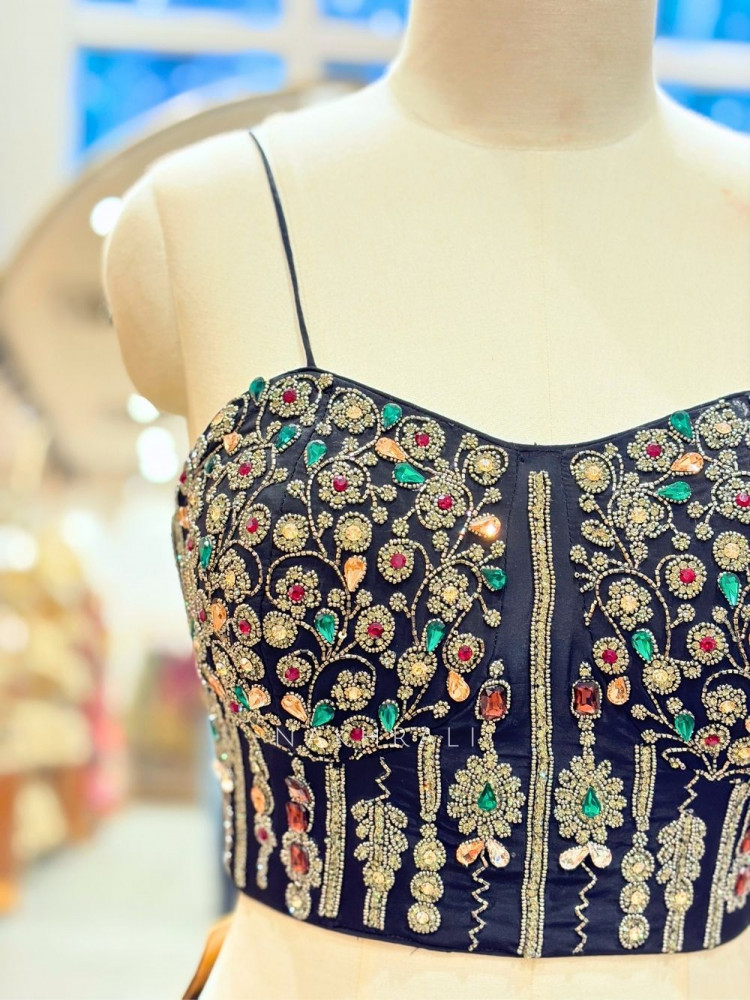 Image of Vireya Black Pre-Draped Saree with Embellished Blouse