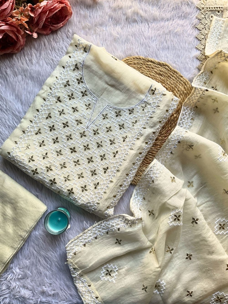 Image of Ira Cream Cotton Embroidered Dress Material