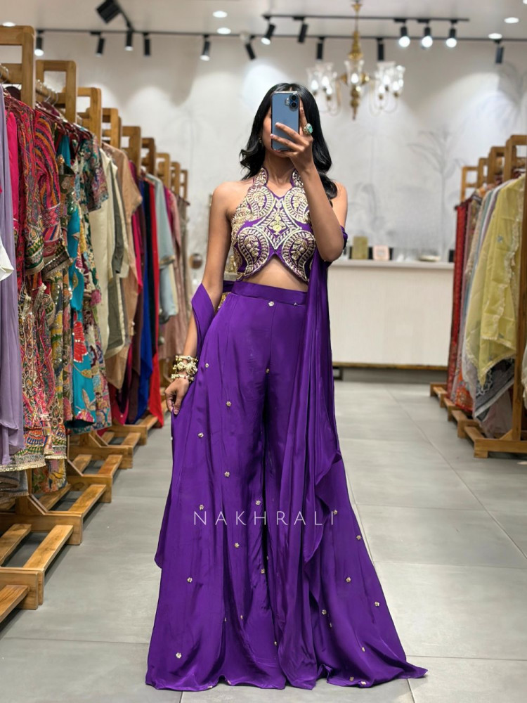 Image of Ruhaya Indo Western Purple Crop Top Palazzo Set with Cut Dana Work