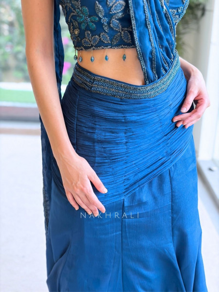 Shadowed Teal Blue Crushed Georgette – Pre-Draped Saree with Blouse