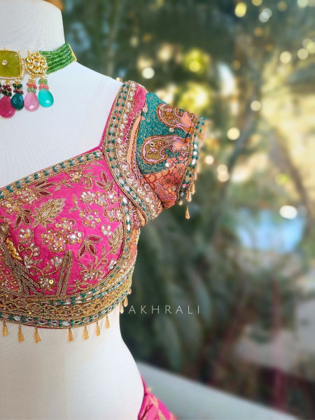 Elvaira Magenta Lehenga Set with Multicolor Patchwork and Sequin Embroidery