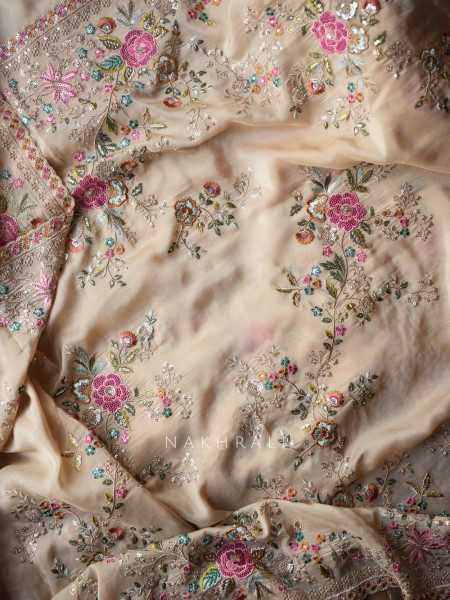 Whispers of Spring Beige Saree with Heavy Floral Thread Work and Readymade Blouse