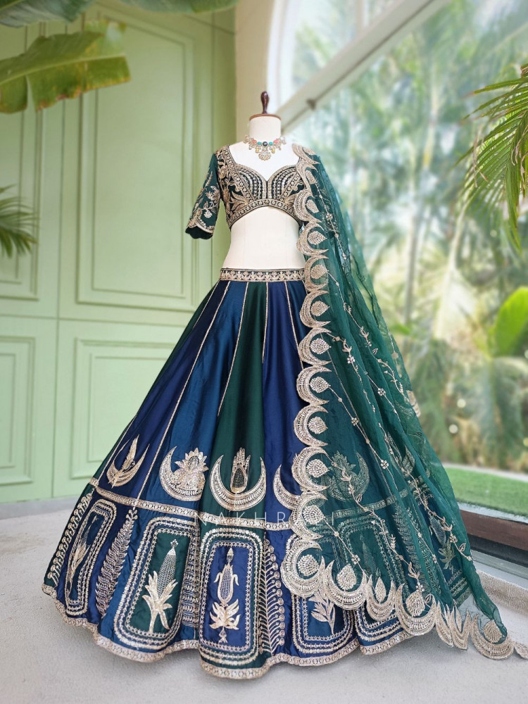 Image of Nishika Navy Blue &amp; Emerald Green Silk Satin Lehenga