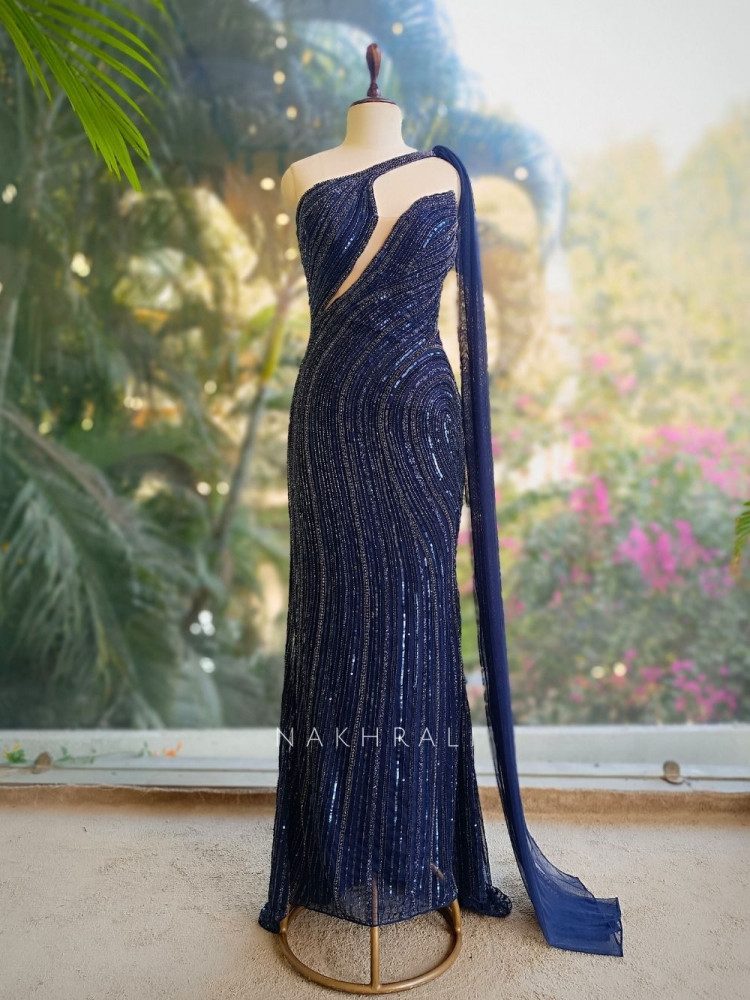 Image of Allure Blue Gown with Cut Dana and Beadwork