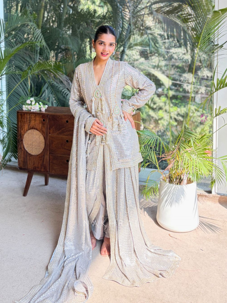 Image of Noorveen Grey Sequin Dhoti &amp; Kurta Set with Contrast Dupatta