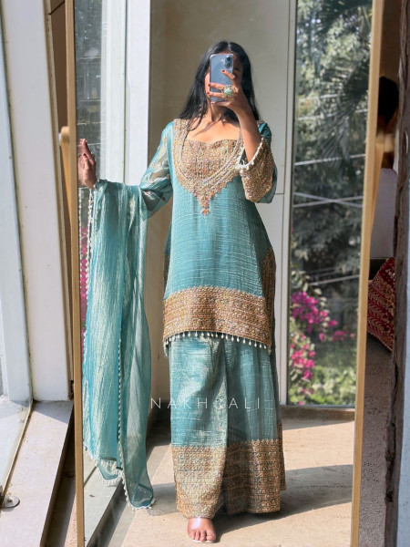 Zoya Blue Tissue Suit Set with Zari Work