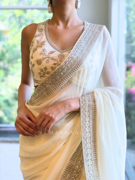 Vinamr Off White Saree with Readymade Blouse – Embroidery & Sequin Work