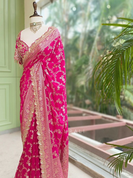 Tarangini Magenta Banarasi Silk Blend Saree with Readymade Blouse