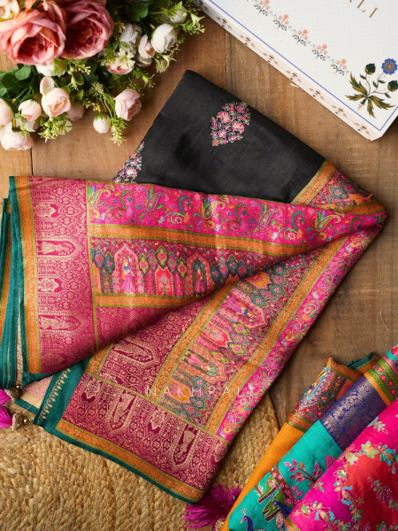 Sarovar Black Woven Motif Saree with Traditional Border