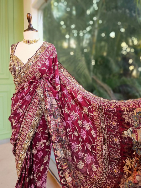 Velora Wine Saree with Zari and Mirror Work