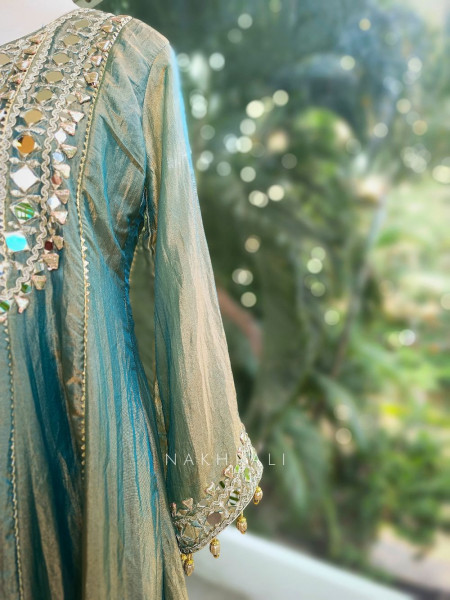 Amaya Teal Green Tissue Dhoti Kurta Set with Mirror and Gota Patti Work