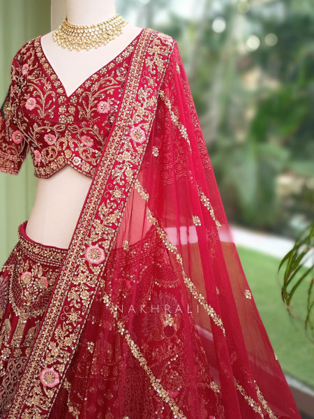 Vaidehi Bridal Red Raw Silk Bridal Lehenga Set With Zardozi, Pitta & Resham Work