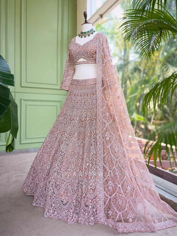 Image of Kireva Peach Sequin Beaded Bridal Lehenga Set
