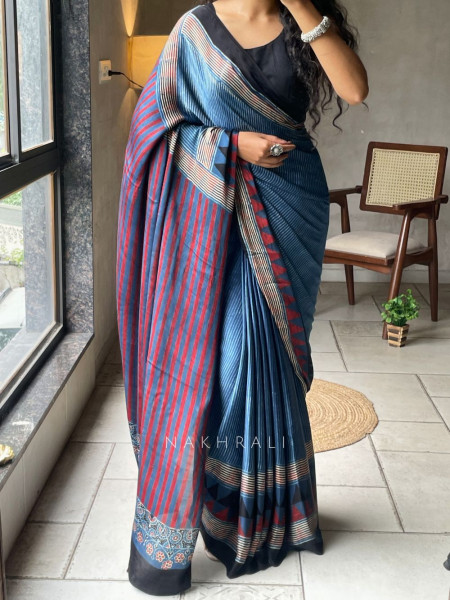Dhani Blue Modal Silk Saree With Ajrakh Print