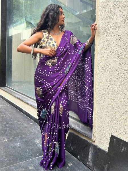 Manjari Purple Bandhej Saree with Running Blouse Piece
