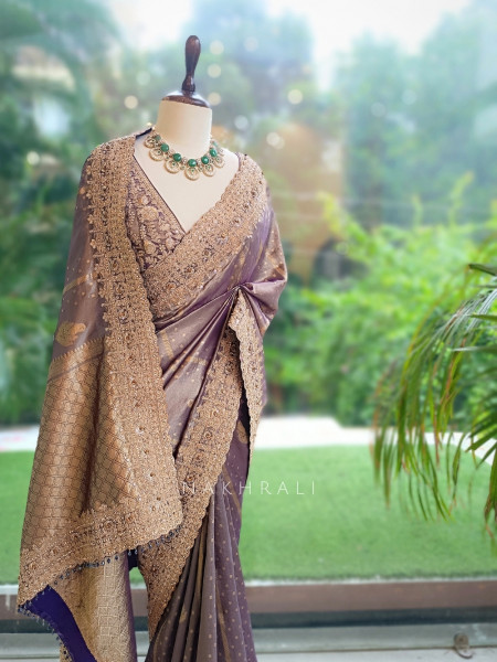 Vyanika Lavender Kota Tissue Silk Saree with Readymade Blouse