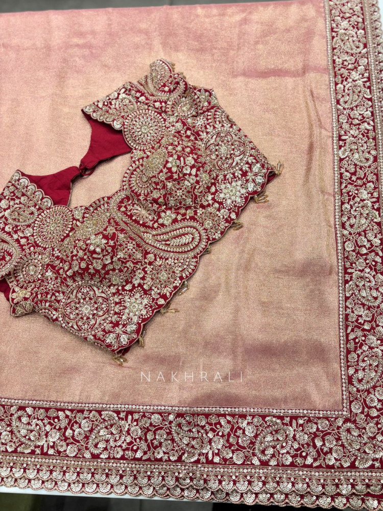 Image of Rooh Pink Saree with Readymade Blouse With Zardozi Paisley Work
