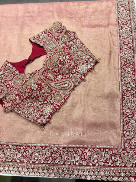 Rooh Pink Saree with Readymade Blouse With Zardozi Paisley Work