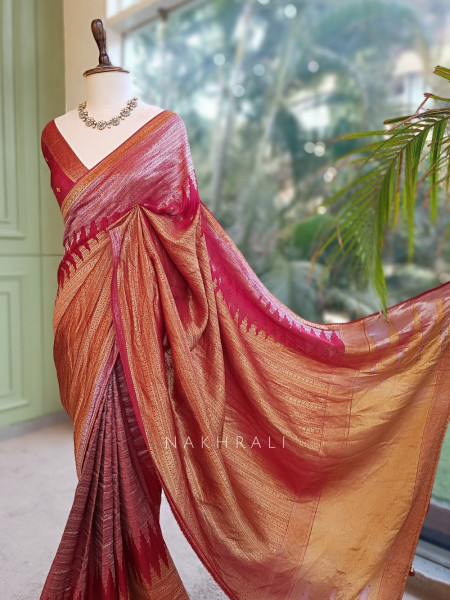 Tarkash Loom Brown Banarasi Chiniya Silk Saree with Ombre Zari Weaving & Temple Border