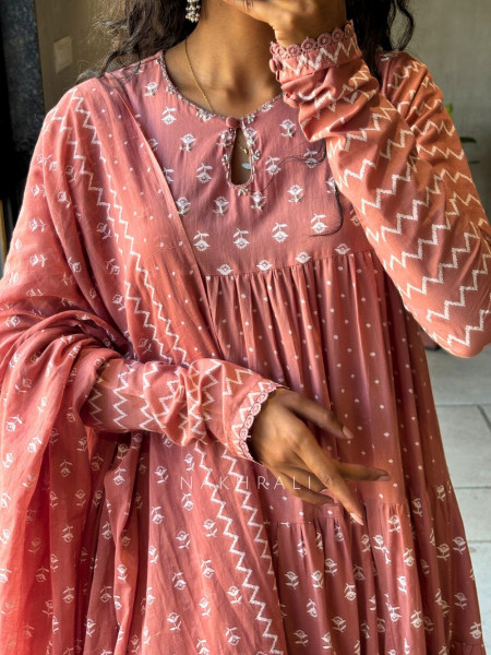 Mireya Peach Cotton Anarkali Suit Set with Printed Design