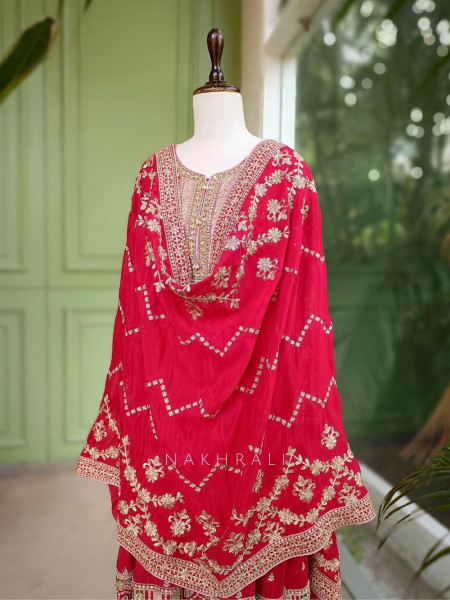 Aarvi Red Anarkali Suit Set with Zari Embroidery and Embellished Dupatta