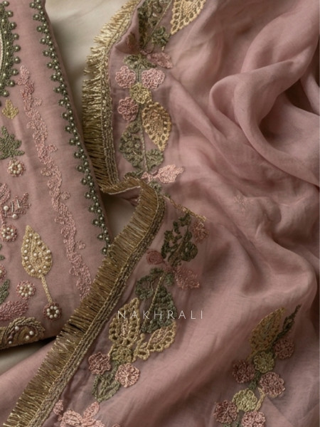 Pushpavalli Pink Dress Material With Floral Embroidery and Pearl Detail
