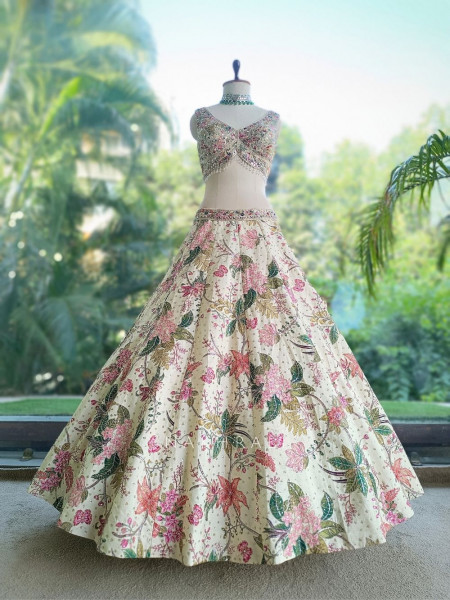 Secret Garden Cream Georgette Silk Floral Lehenga