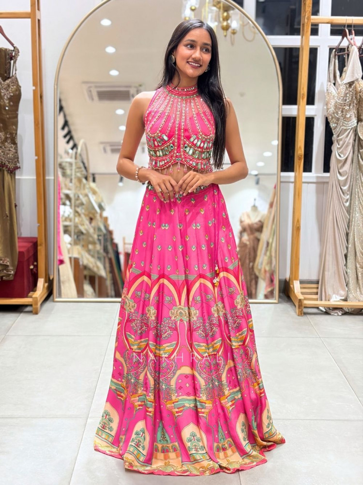 Image of Emerald-Accent magenta Halter Mirror Lehenga