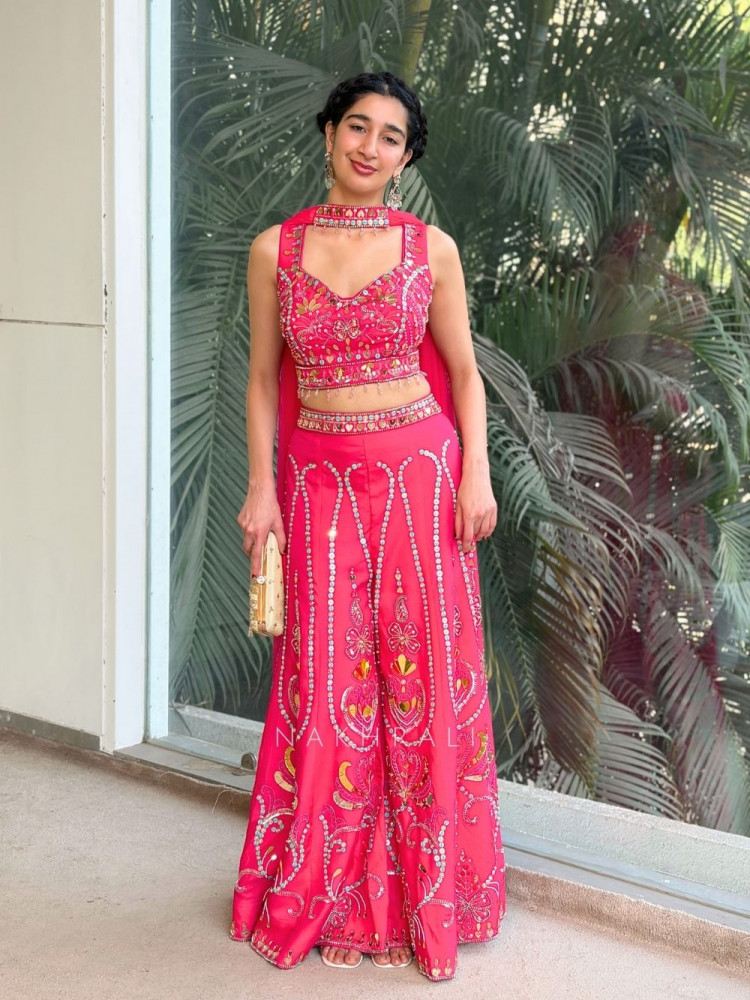 Image of Rosefire Magenta Embellished Crop Top Palazzo Set