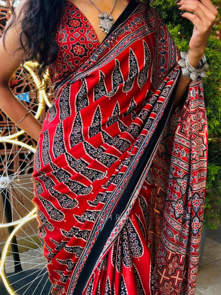 Tara Ajrakh Print Modal Silk Saree