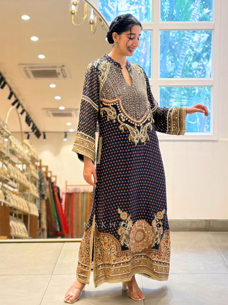 Image of Nirvani Navy Blue Modal Silk Long Suit Set With Sheesha, Sequin &amp; Gota Work