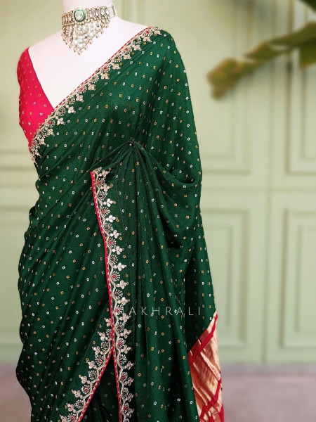 Verdant Red & Green Bandhej Saree Zari Border Work