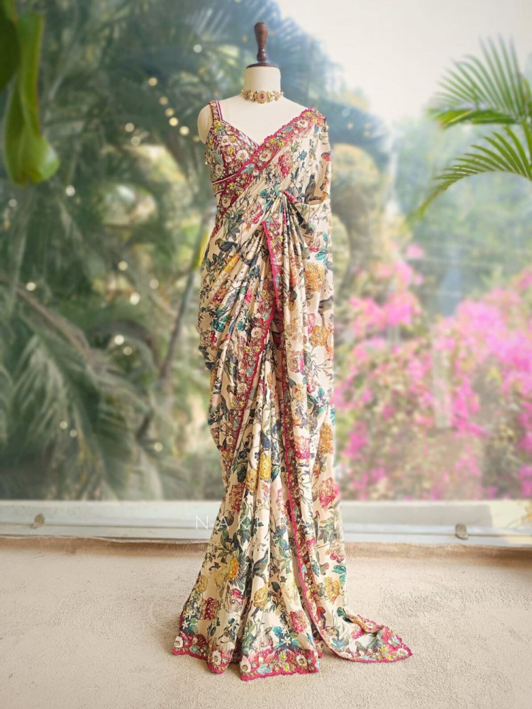 Image of Maroon Crepe Silk Embroidered Saree with Readymade Blouse