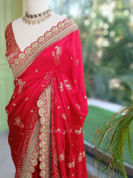 Surahi Red Pure Georgette Crepe Silk Bandhani Saree with Gota Patti Zardozi Border
