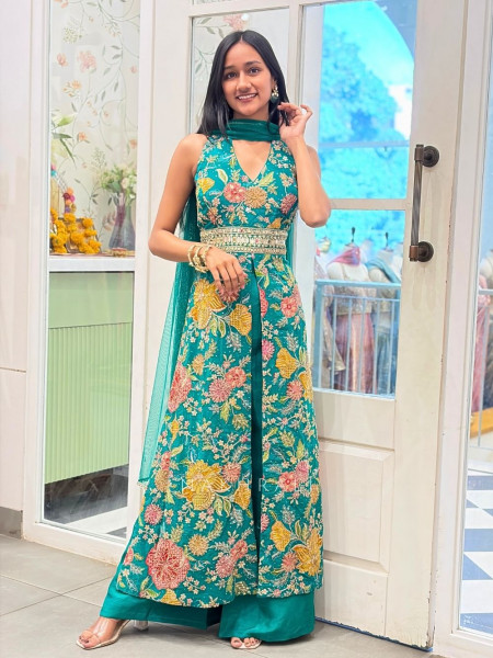 Tirva Green Indo Western Palazzo Set with Floral Print and Mirror Work