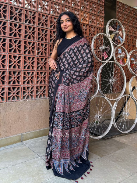 Kashi Black Modal Saree with Ajrakh Print