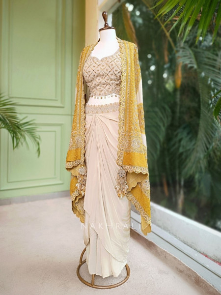 Saanvi Mehendi Green Crop Top Skirt with Embroidered Cape
