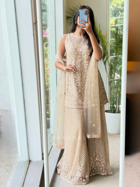 Melovia Beige Net Sharara Suit Set with Floral Sequin Work