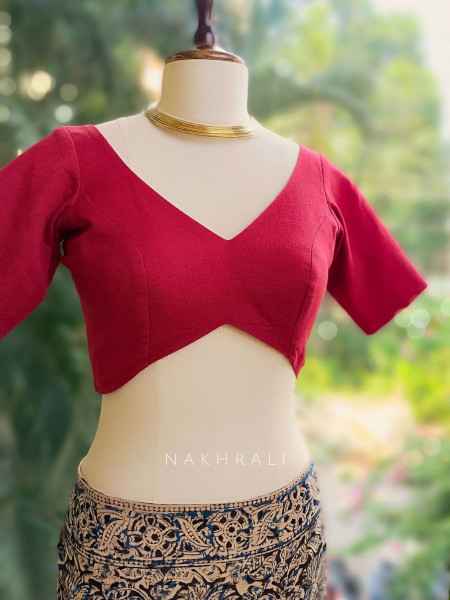 Rhea Red Cotton V-Cut Blouse with Tie-Back
