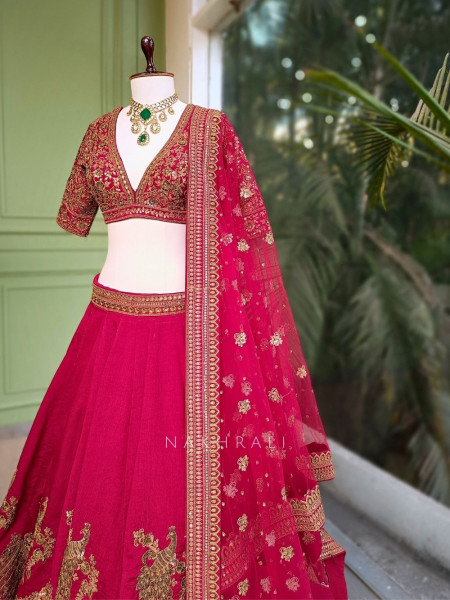Viraasat Red Silk Bridal Lehenga with Zari Embroidery