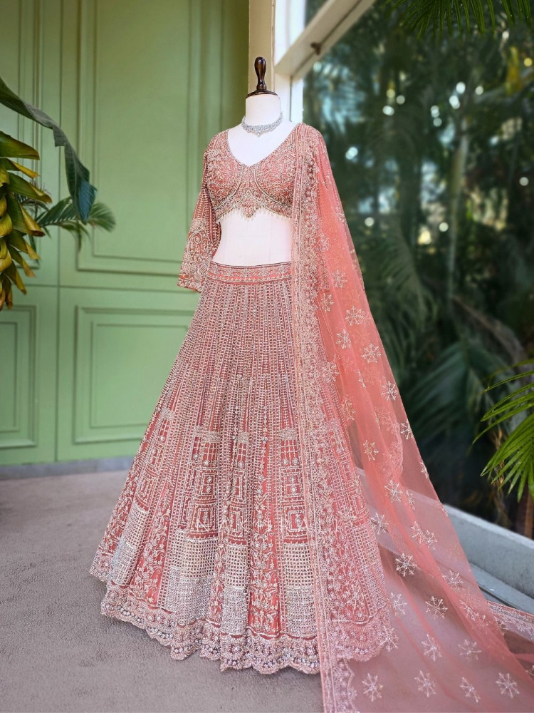Image of Ruvira Peach Bridal Lehenga with Zari and Sequin Work