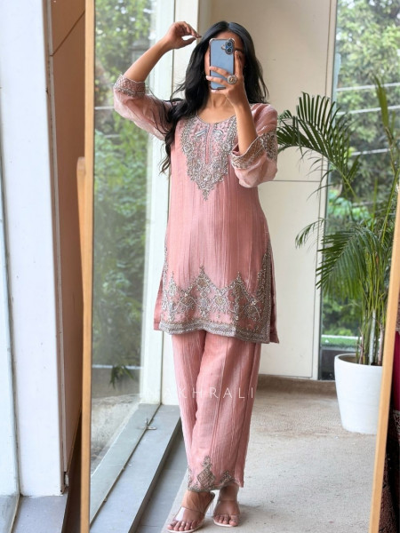 Mrinalini Onion Pink Tissue Silk Suit Set