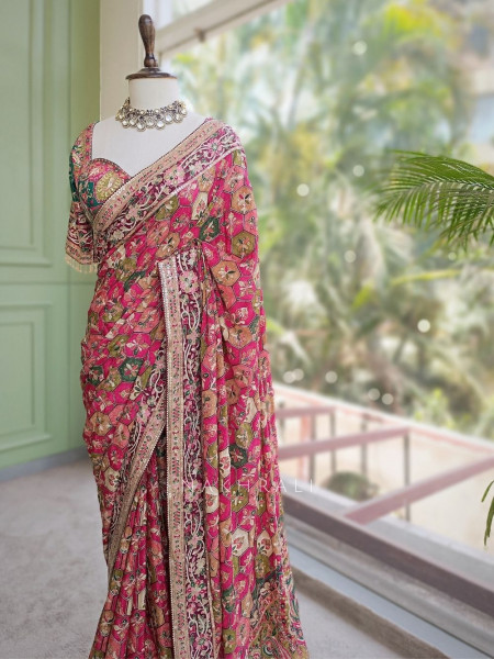 Ravina Bottle Green Printed Saree with Sequin Embroidery