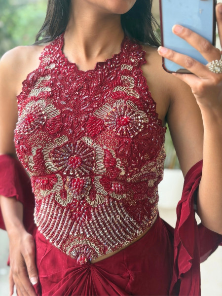 Kalyra Halter Mraoon Indo-Western Set