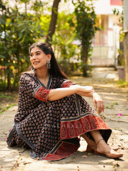 Mirza Black Angrakha Cotton Kurta