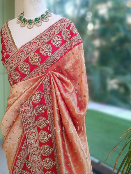 Crimson Gilded Silk Ensemble Orange Saree